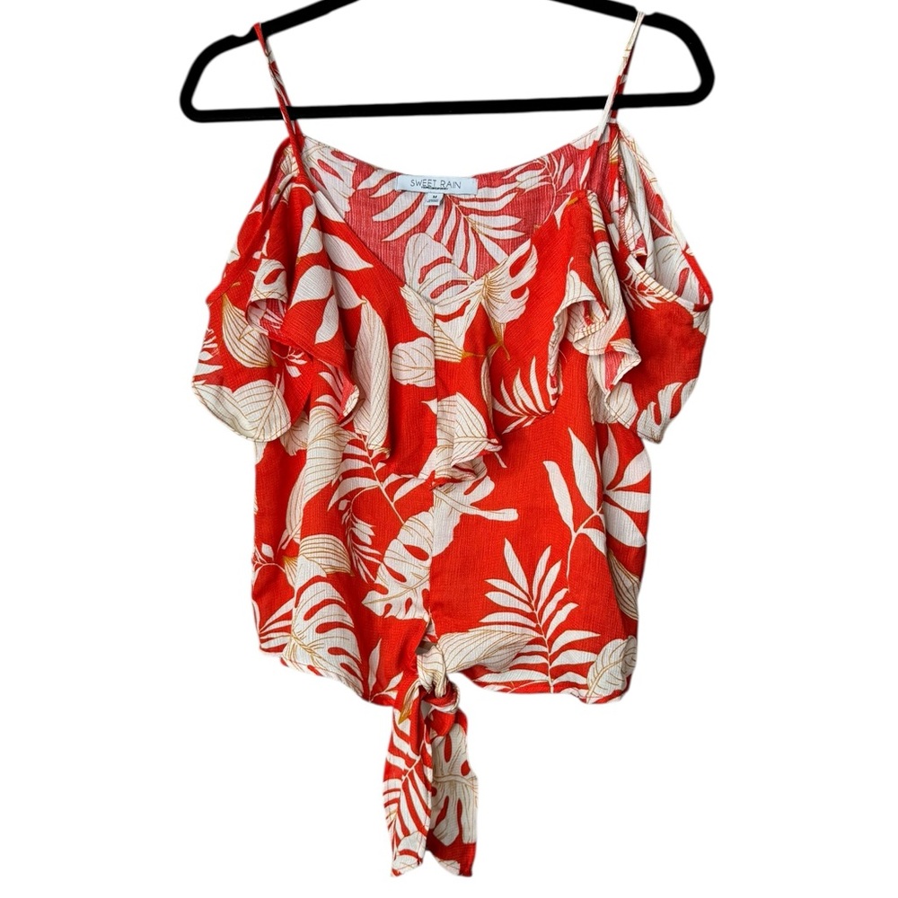 SWEET RAIN LEAF PRINT BLOUSE OFF SHOULDERS BLOUSE
